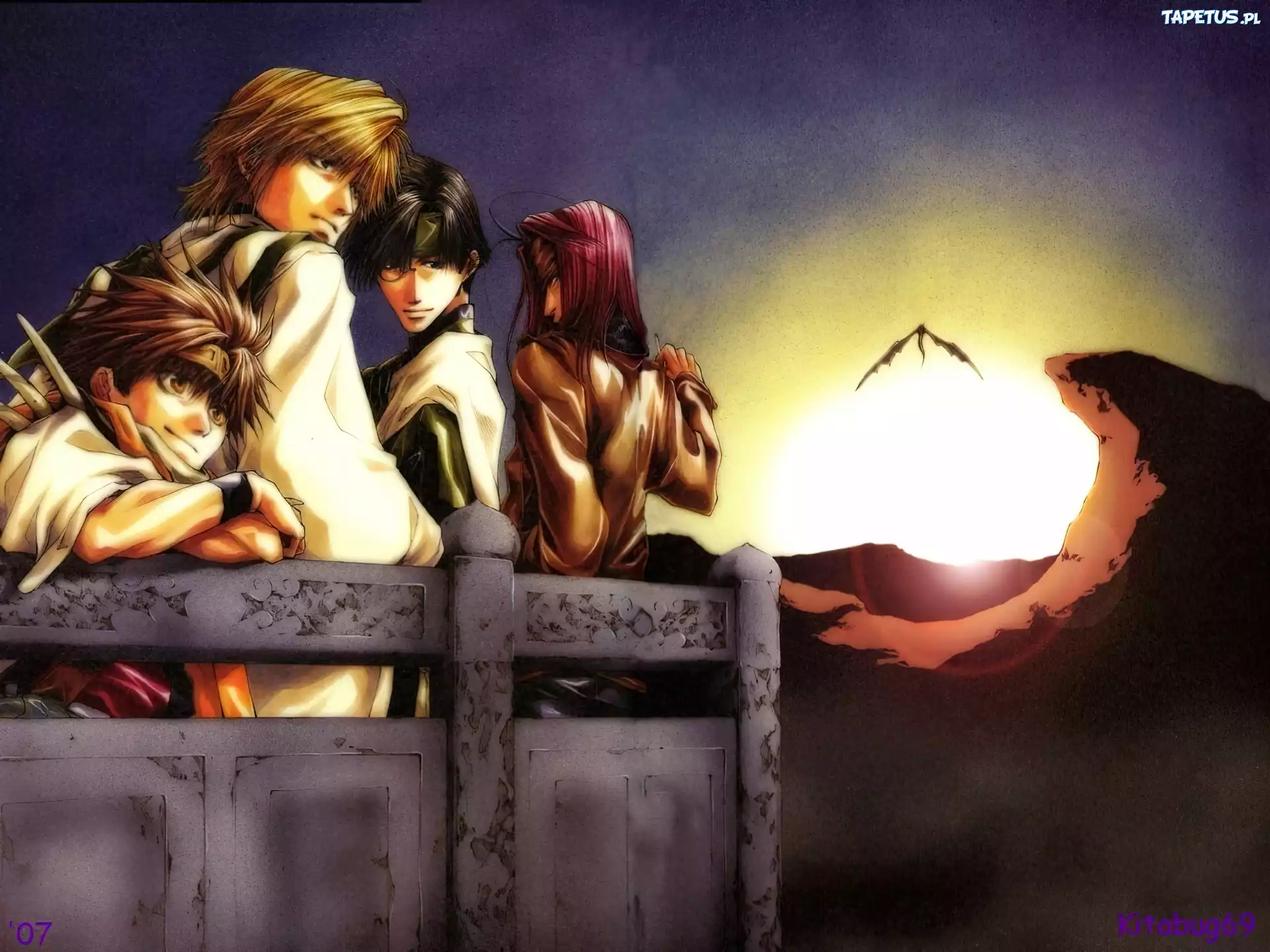 Saiyuki, ptak, słońce, ludzie