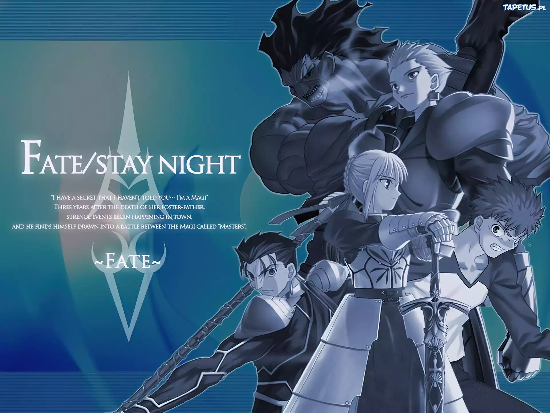Fate Stay Night, ludzie, miecz, kij, postać, logo, napisy