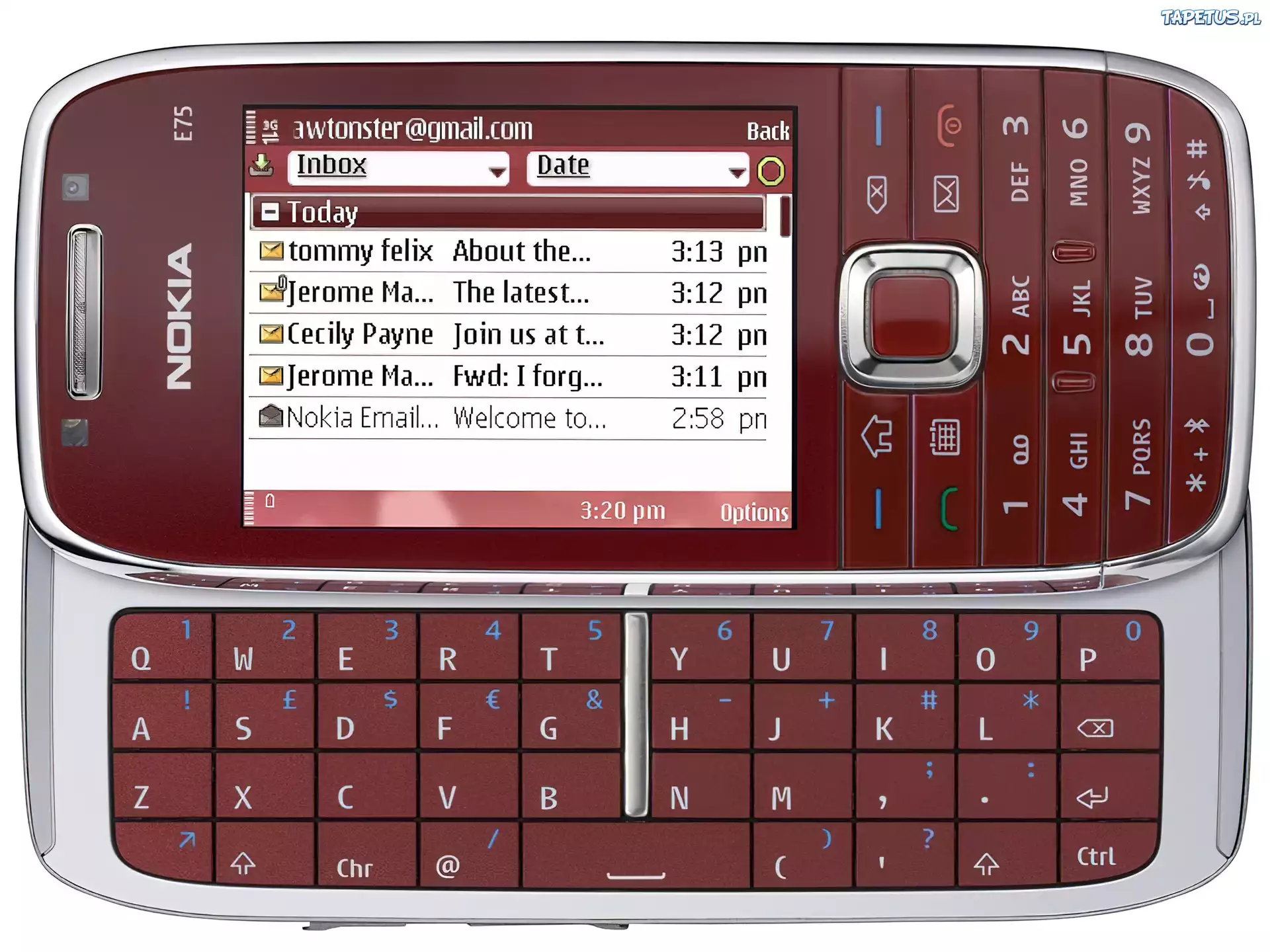 Nokia E75, Wiśniowy, Gmail