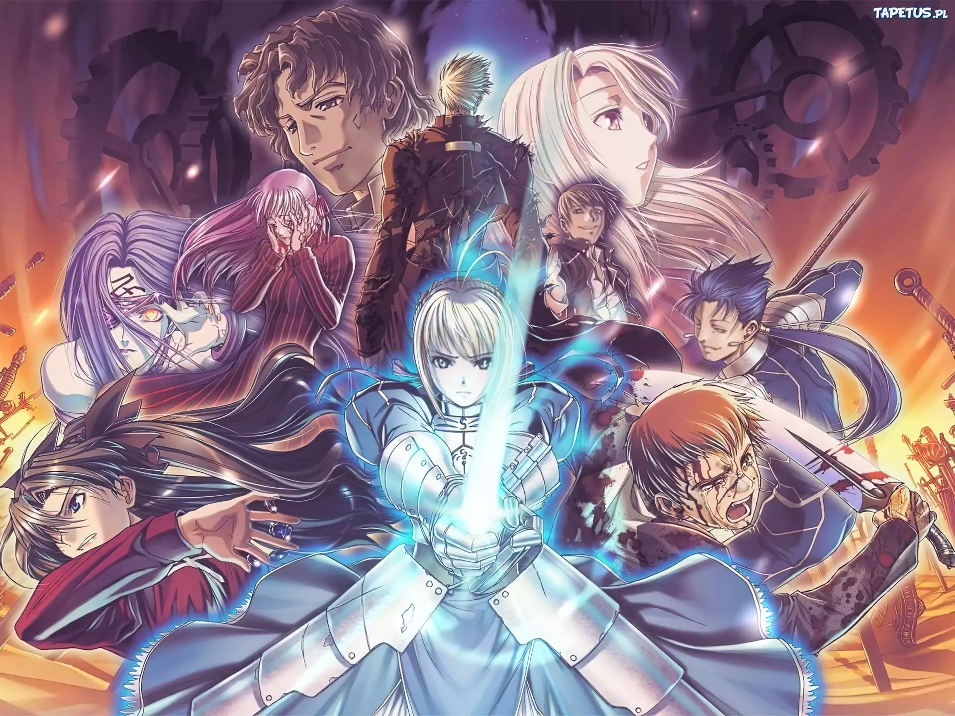 Fate Stay Night, ludzie, trybiki, miecz, bohaterowie