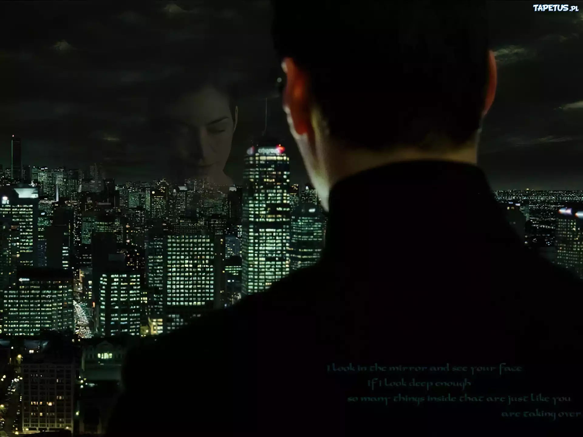 Matrix, miasto, wieżowce, kobieta, mężczyzna