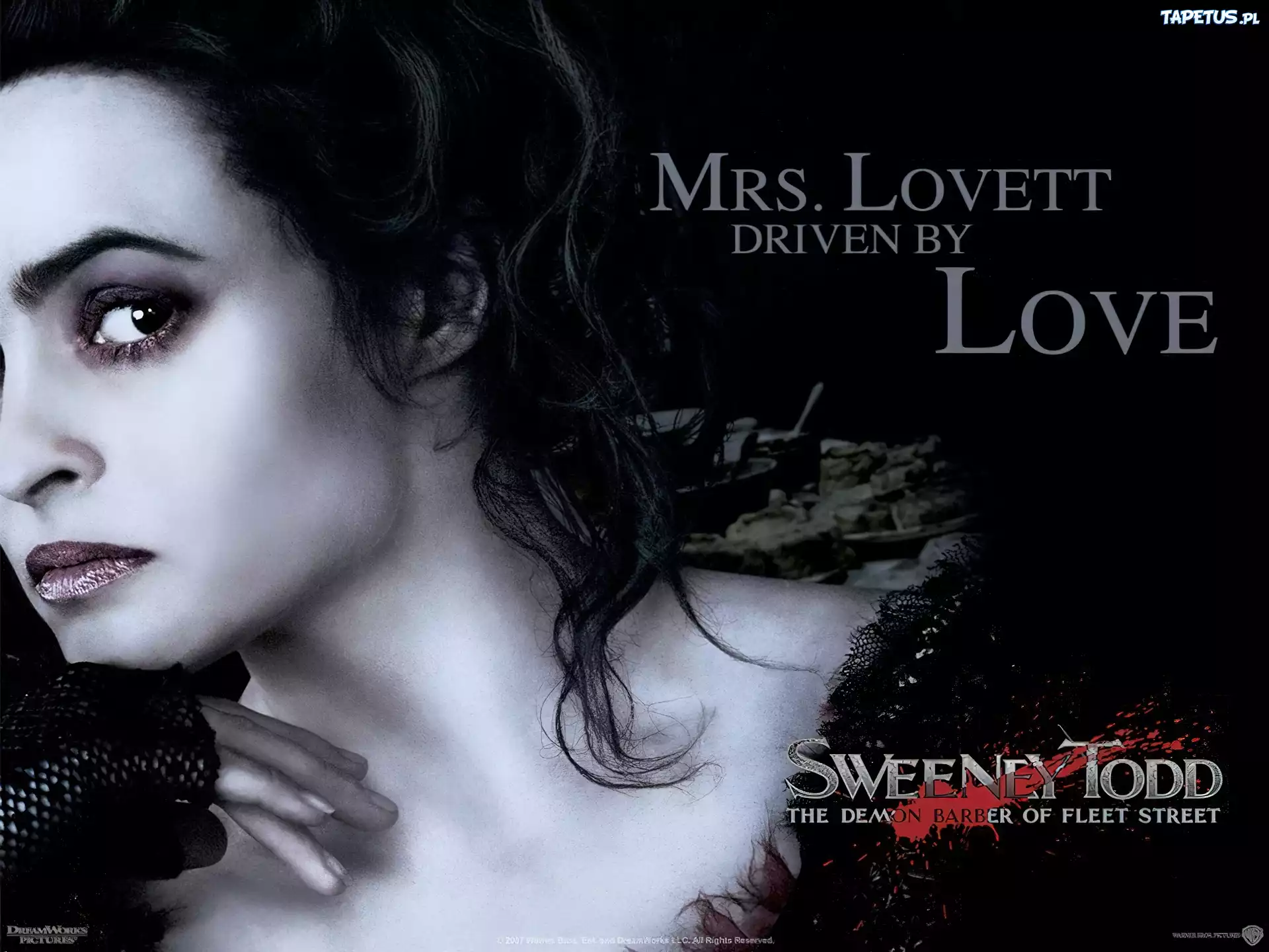Sweeney Todd, Helena Bonham Carter, makijaż, twarz, napis