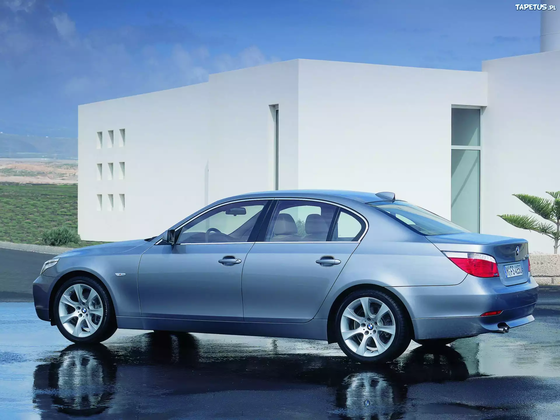 Błękitny, BMW 5, E60, Biały, Budynek