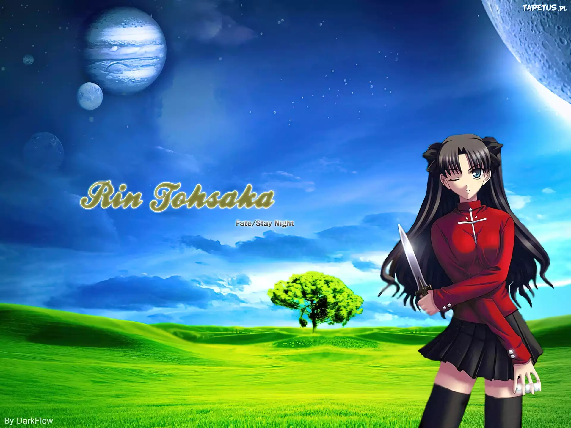 Fate Stay Night, dziewczyna, sztylet, planety, polana, drzewo