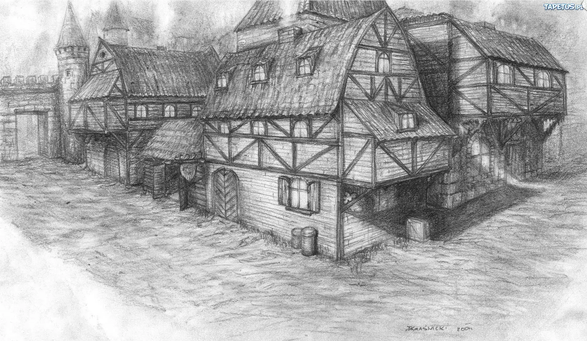 Karczma, Szkic, Ołówek