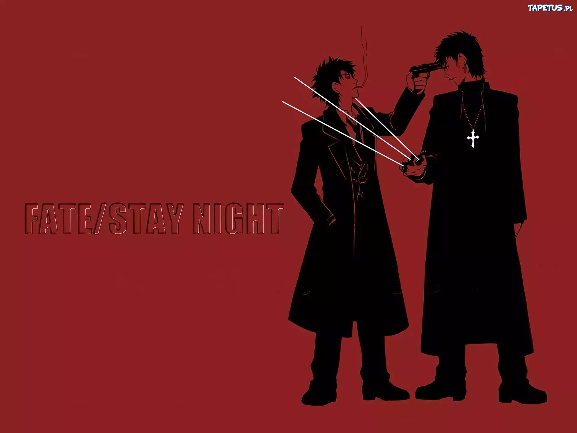 Fate Stay Night, ludzie, płaszcze, pistolet, papieros, napis