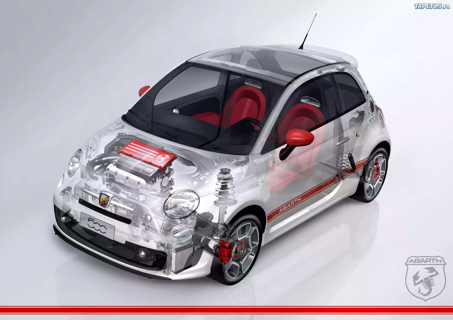Abarth 500, Silnik, Amortyzatory, Logo