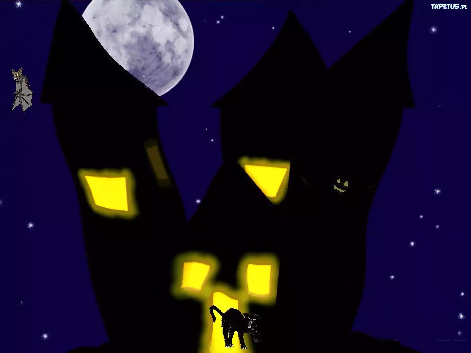 Halloween,kot , domek , księżyc