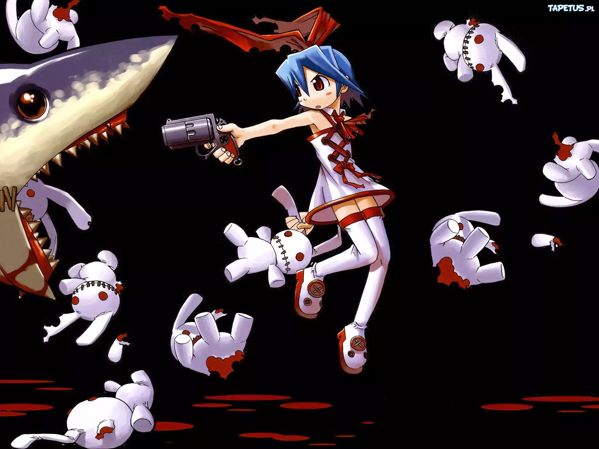 Disgaea, krew, rekin, króliki, dziewczyna, rewolwer