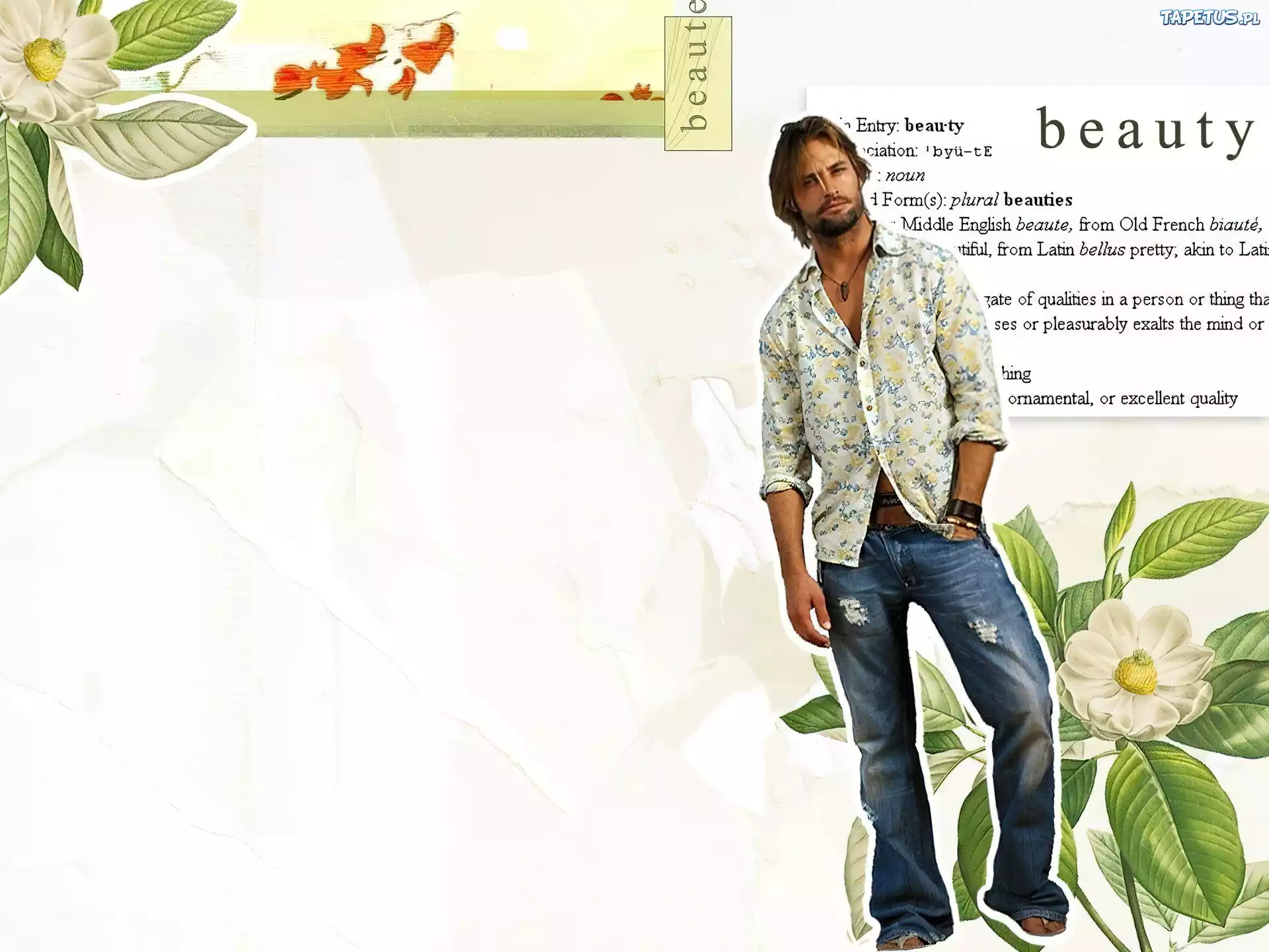 Filmy Lost, Josh Holloway, białe, tło, kwiaty