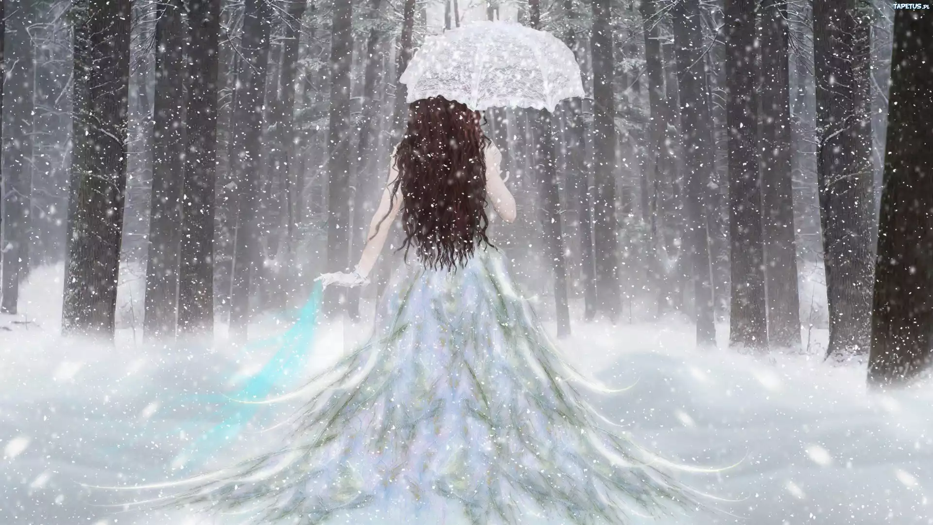Fantasy, Kobieta, Śnieg, Parasol