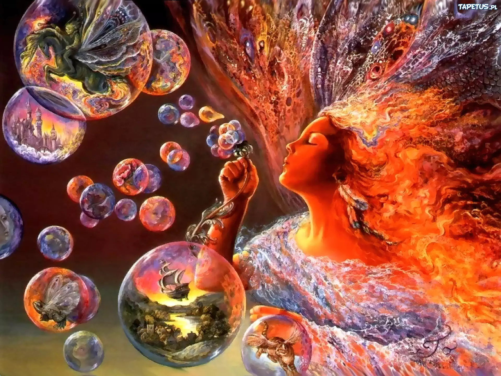 Kobieta, Ogniste, Włosy, Bańki, Josephine Wall