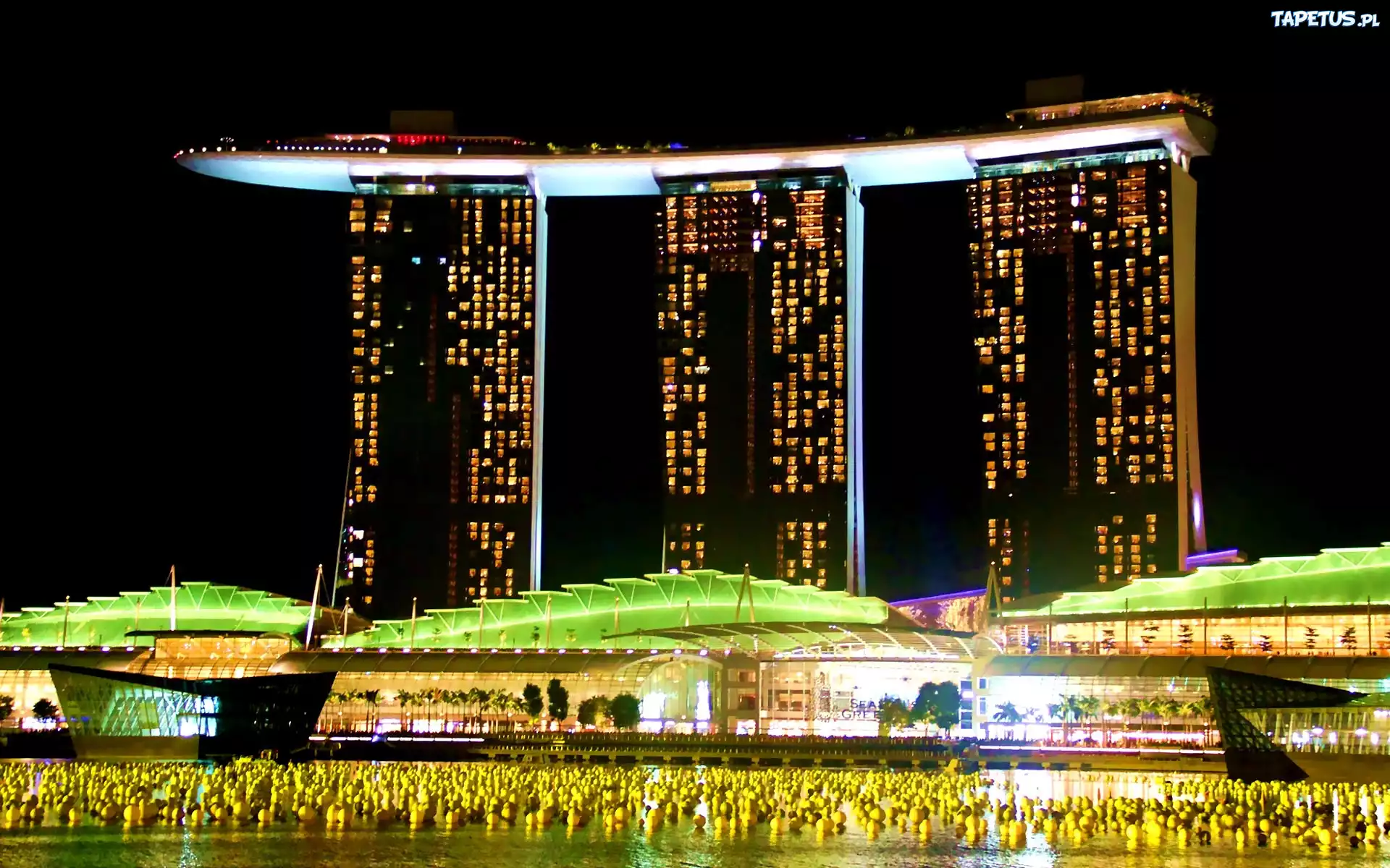 Singapur, Marina Bay Sands, Noc, Zielona, Dekoracja