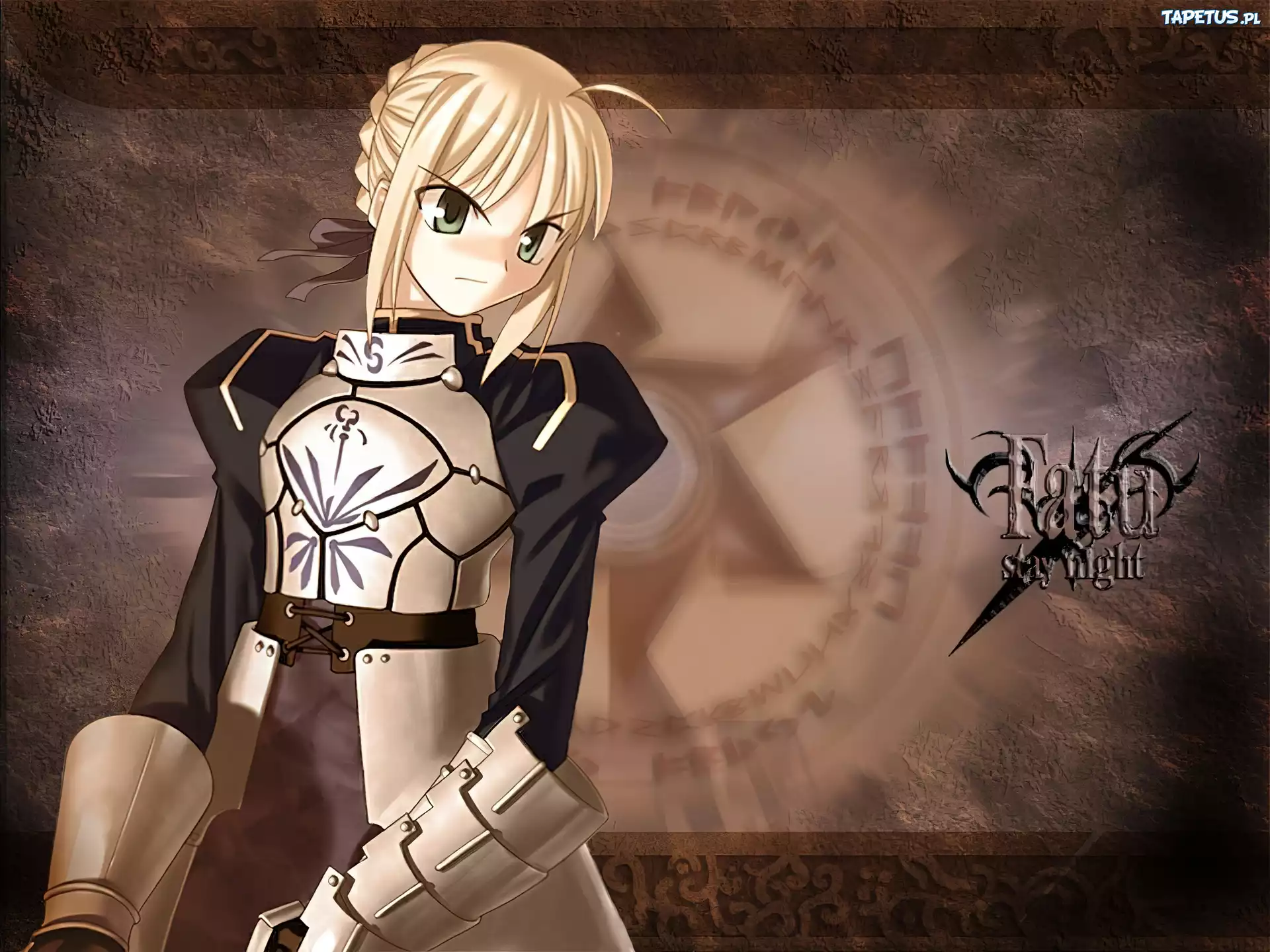 Fate Stay Night, dziewczyna, napis, zbroja