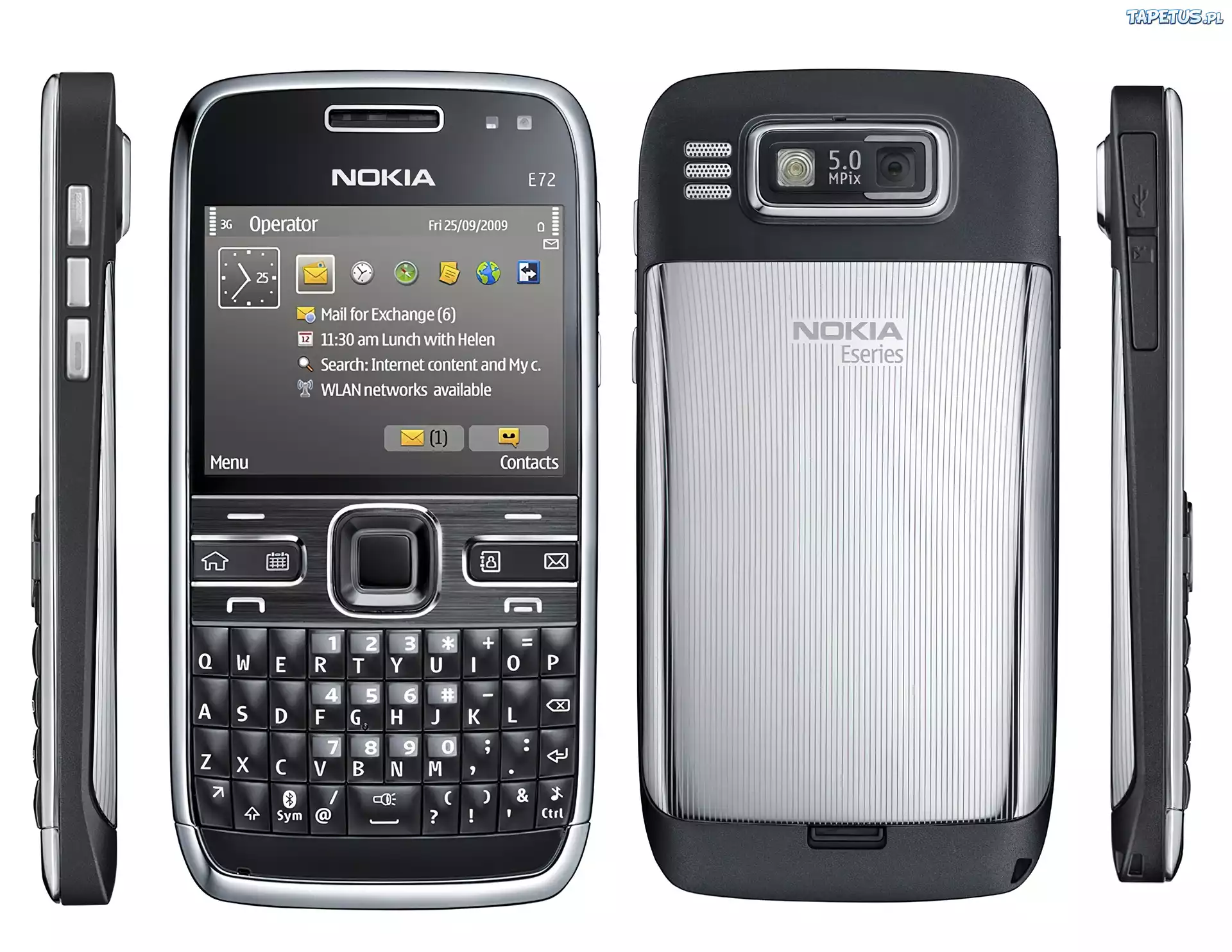 Nokia E72, Czarna, Srebrna, Przód, Tył, Boki
