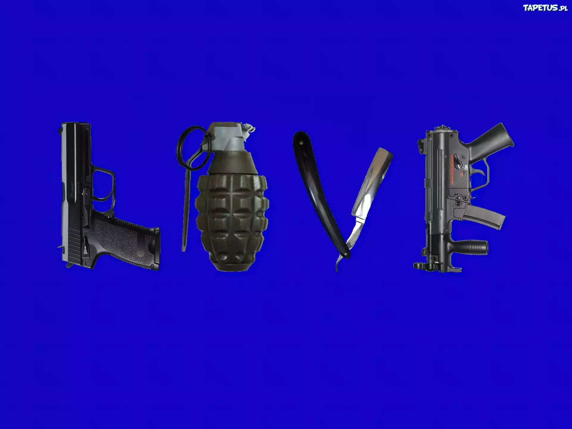 Napis, Love, Pistolet, Granat, Brzytwa
