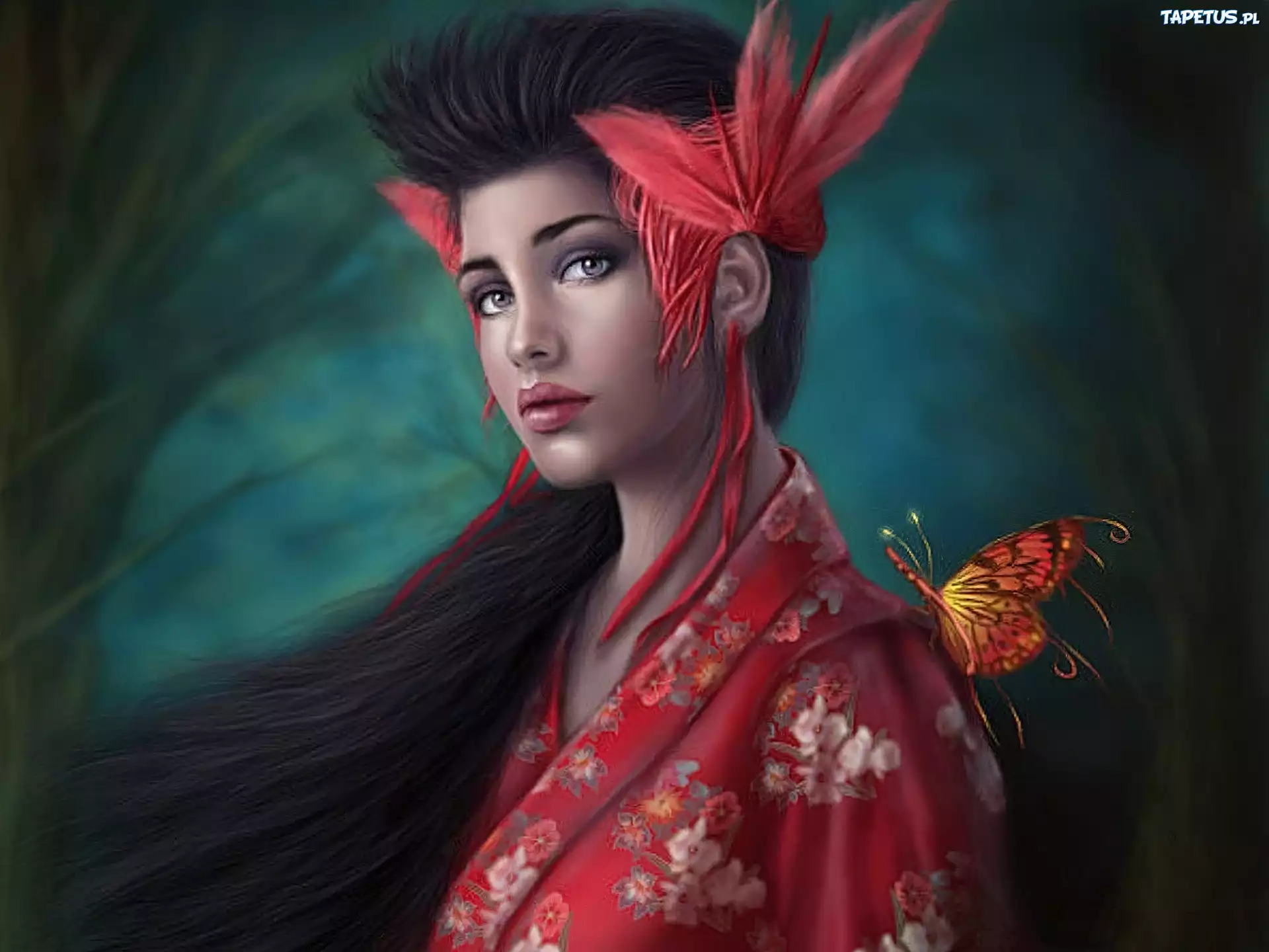 Kobieta, Kimono, Kwiaty, Motyl