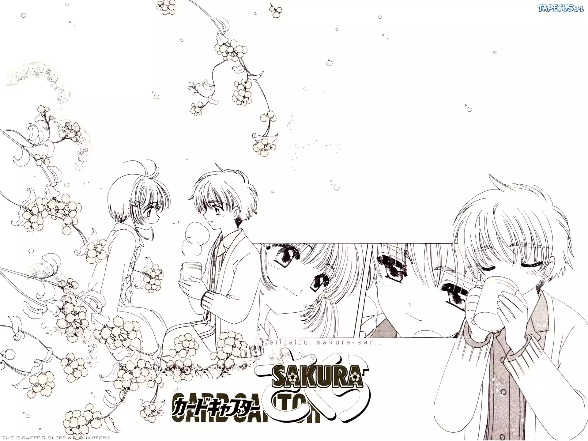 Cardcaptor Sakura, ludzie, napisy, szkic, kubek, kwiaty
