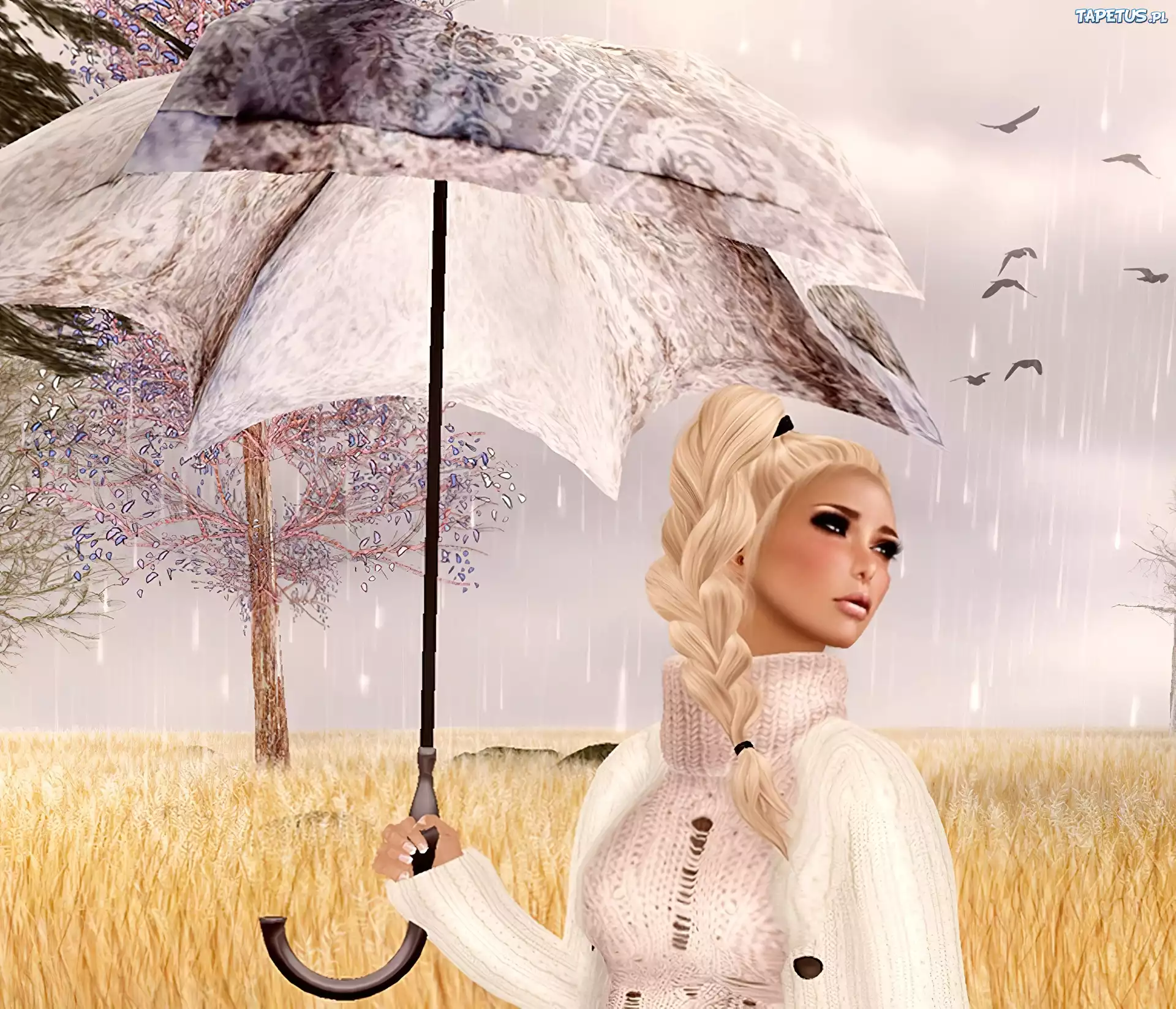 Kobieta, Parasol, Deszcz, Grafika
