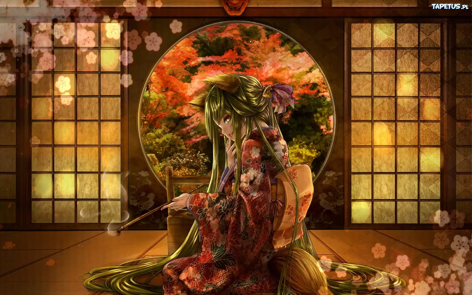 Dziewczyna, Lisek, Kimono, Fajka