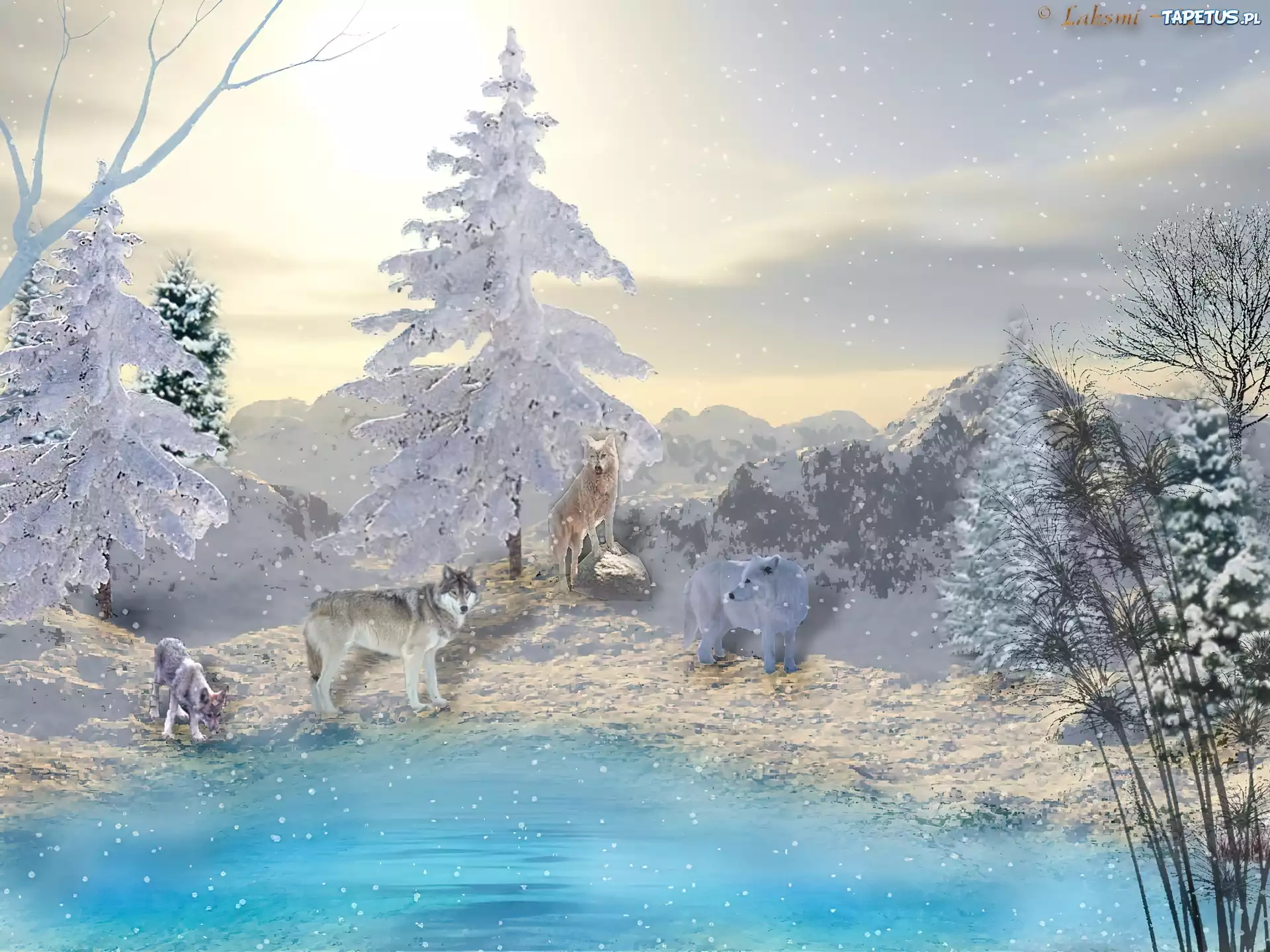 Zima, Wilki, Rzeka, Las, 3D