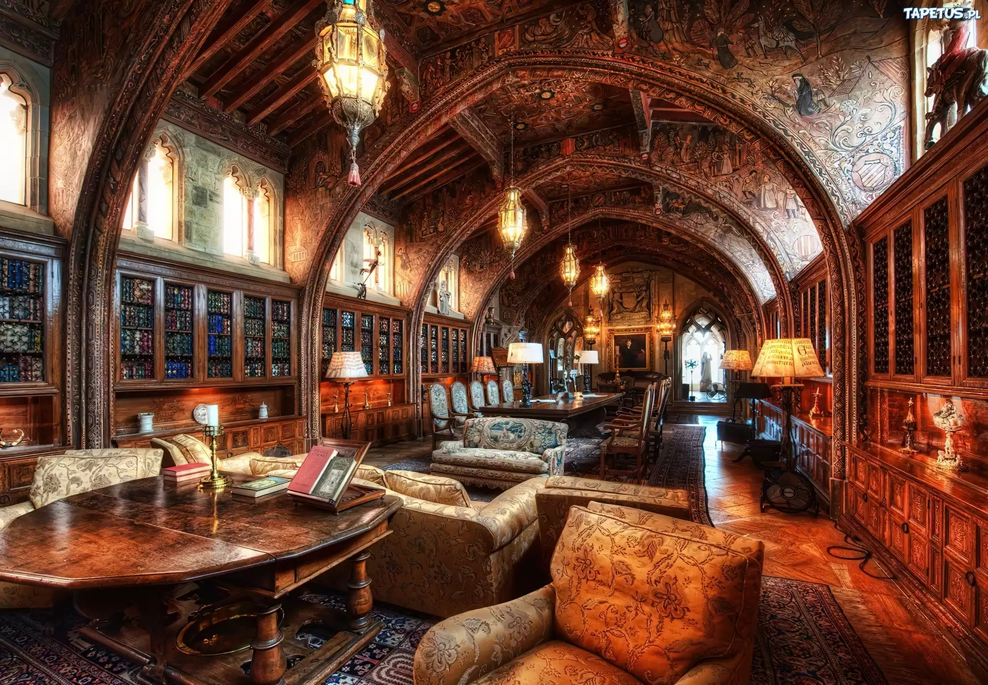 Wnętrze, Mała, Biblioteka, Hearst Castel, Kalifornia