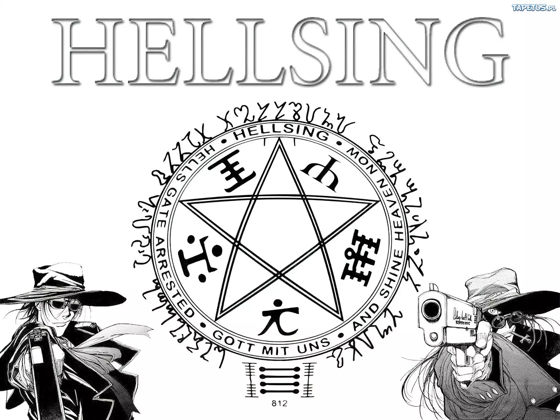 Hellsing, ludzie, pentagram, pistolet, kapelusz