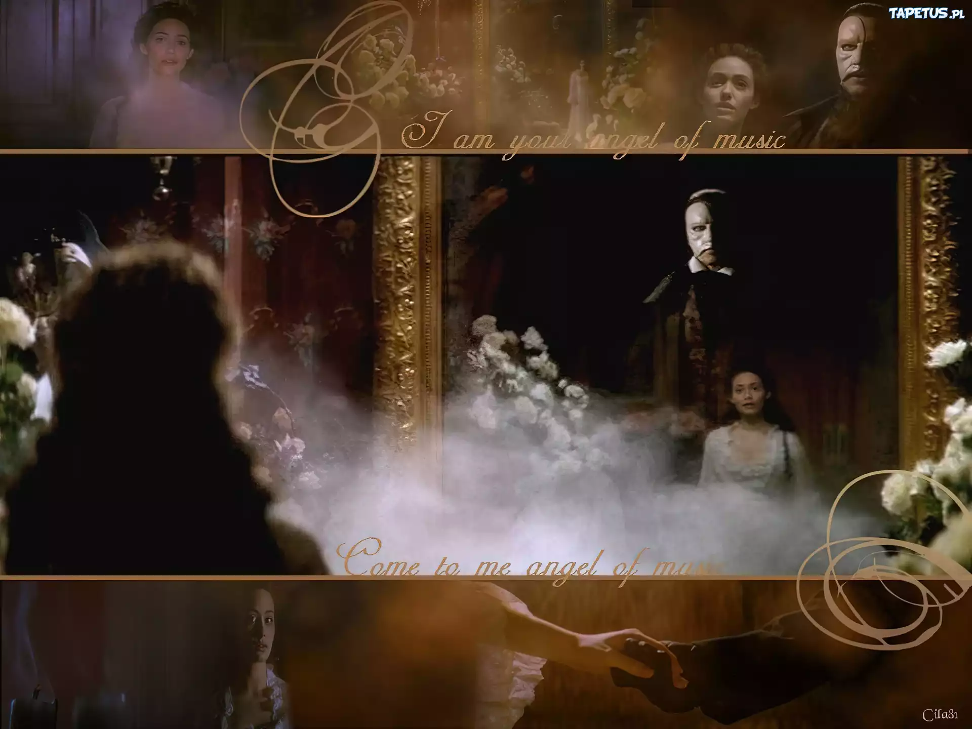 dym, Phantom Of The Opera, Emmy Rossum, Gerard Butler, kwiaty