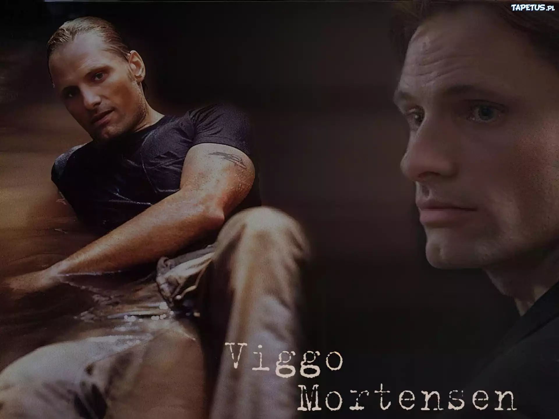 Viggo Mortensen, czarna koszulka, woda