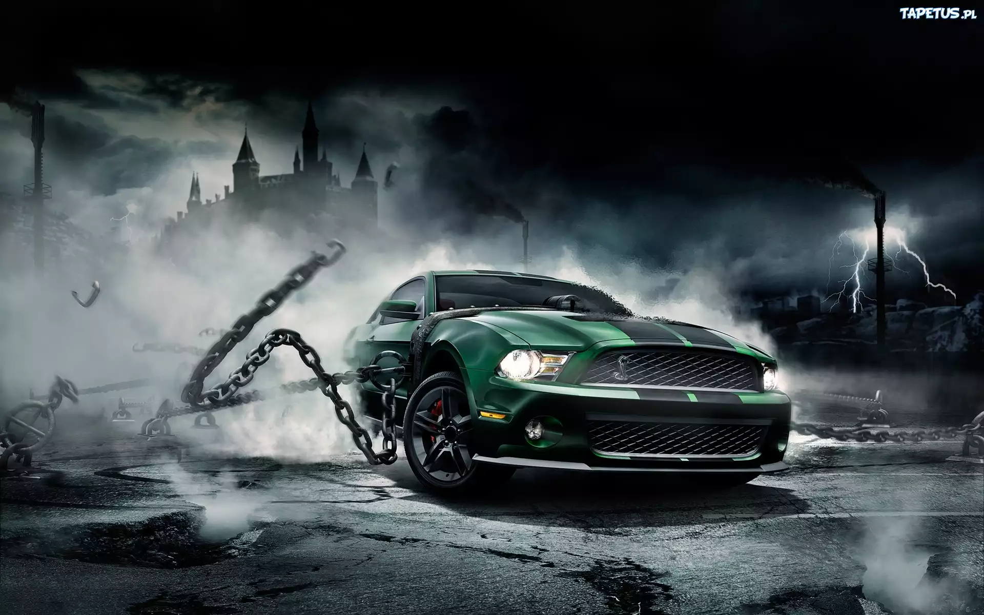 Ford, Mustang, Zielony, Noc, Łańcuchy