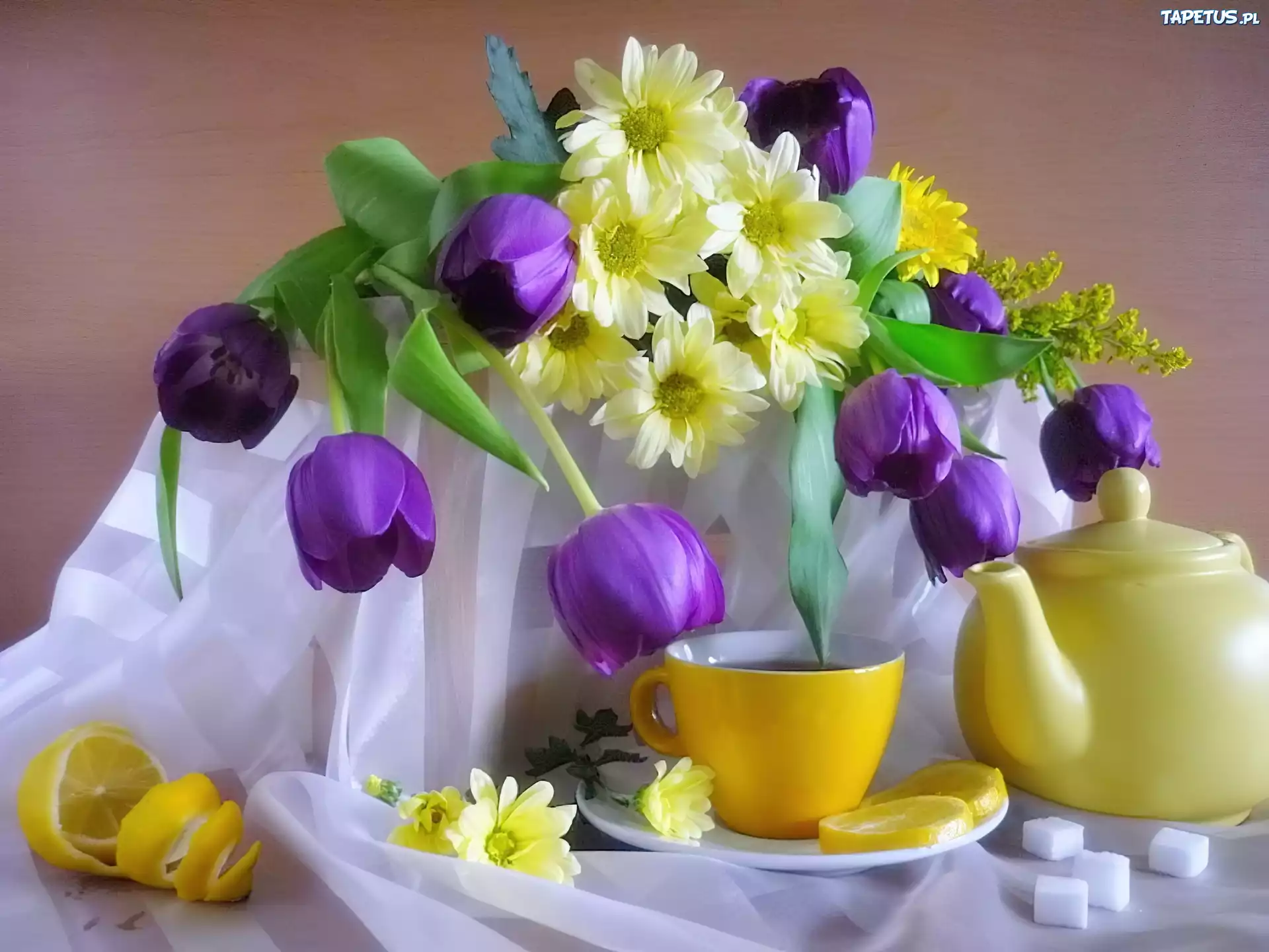 Kwiaty, Fioletowe, Tulipany, Dzbanek
