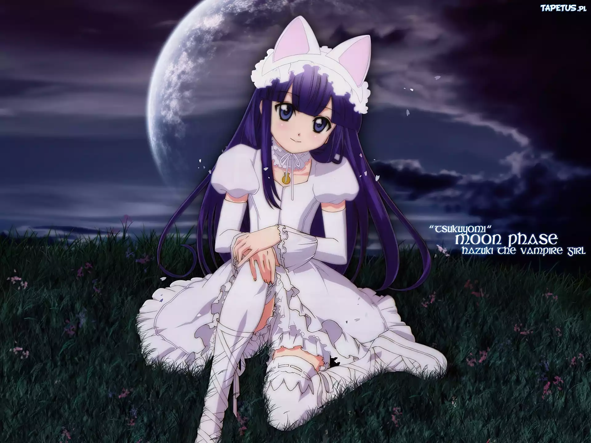 niebo, trawa, dziewczynka, Tsukuyomi Moon Phase
