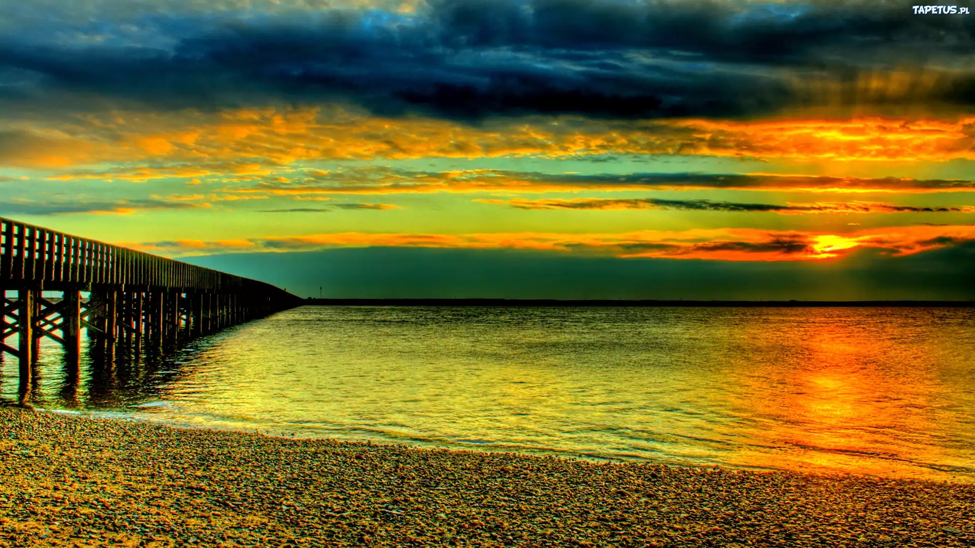 Morze, Kamienista, Plaża, Zachód, Słońca, Molo